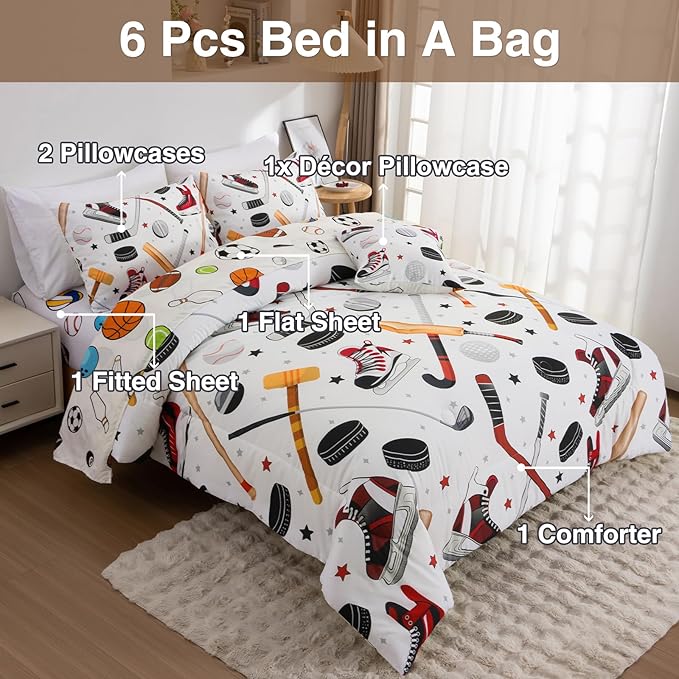 A Nice Night 6Pcs Full Sports Bedding Set for Boys, Full Comforter with Ice Skates, Baseball Bat & Hockey Design(White)