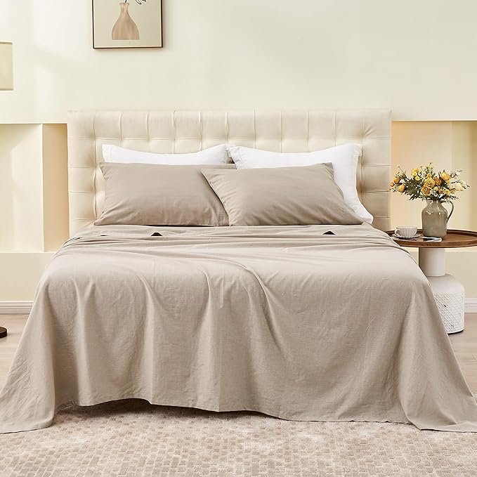 Simple&Opulence Belgian Linen Sheet Set Solid Color - 3 Pieces (1 Flat Sheet & 1 Fitted Sheet & 1 Pillowcase) Natural Flax Cotton Blend Soft Bedding Breathable Farmhouse - Khaki, Twin Size
