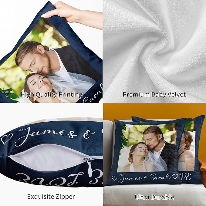 Easycosy Custom Velvet Pillow with Picture & Text, Two-Sides Customized Photo Pillowcase, Personalized Pillow Cover with Photo 20"x20", Valentine Custom Love Keepsake Gifts (Optional Pillow Insert)