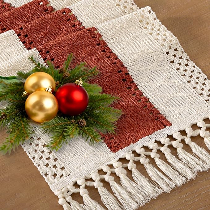 Socomi Boho Table Runner Macrame Long Easter Spring Farmhouse Woven Cotton Linen Rustic Coffee Table Runner with Tassels for Dresser Scarf Home Decor Dining Room 12x108 inch Terracotta Ivory