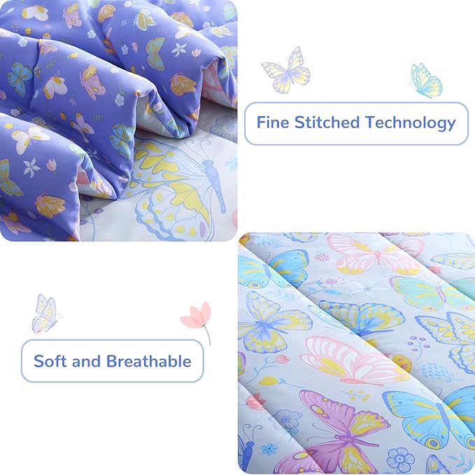 Viviland Kids Twin Bedding Sets for Girls, Soft Twin Comforter Set with Sheets, 5 Pieces Microfiber Bed in a Bag, Colorful Butterfly