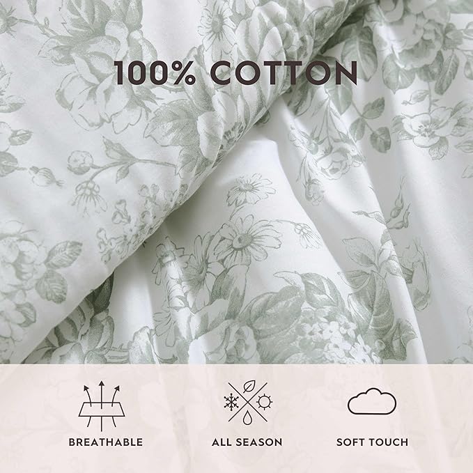 Laura Ashley - Twin Comforter Set, Premium Cotton Bedding with Matching Shams & Bonus Decorative Pillow Covers, Floral Home Decor, Oeko-Tex Certified (Toile Delight Green, Twin)