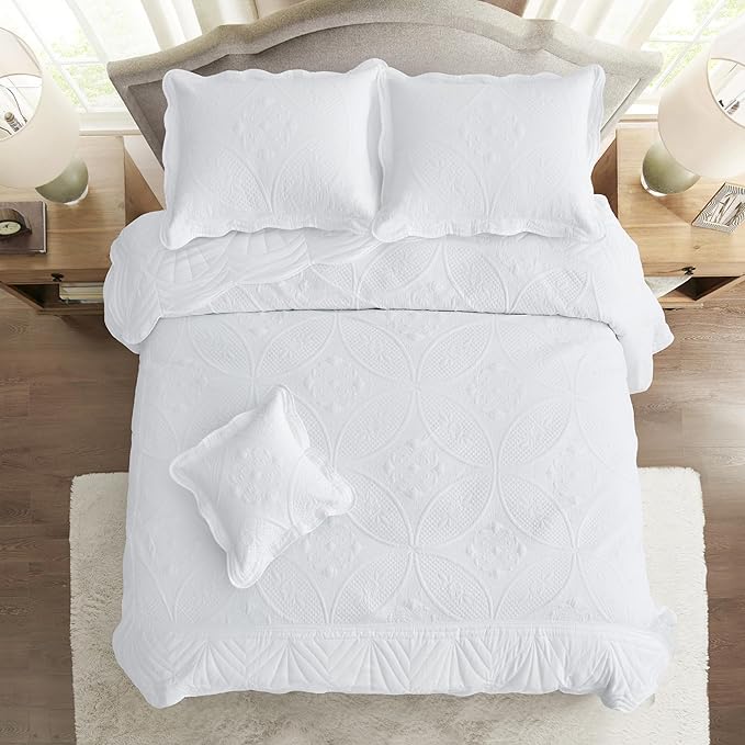 Oversized Bedspread - King Size Bedding Cover - Modern & Contemporary Coverlet Set, Real Stitching, Reversible, Lightweight, 5 Piece, White