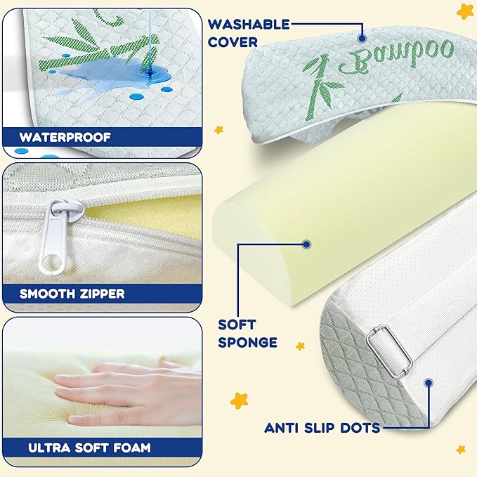 Waterproof Baby Bed Bumper for Toddler with Adjustable Band, Soft Kid Foam Bed Rail for Rental, Vacational, Full, Queen, Twin, King Size Bed, Green, 2 Pack