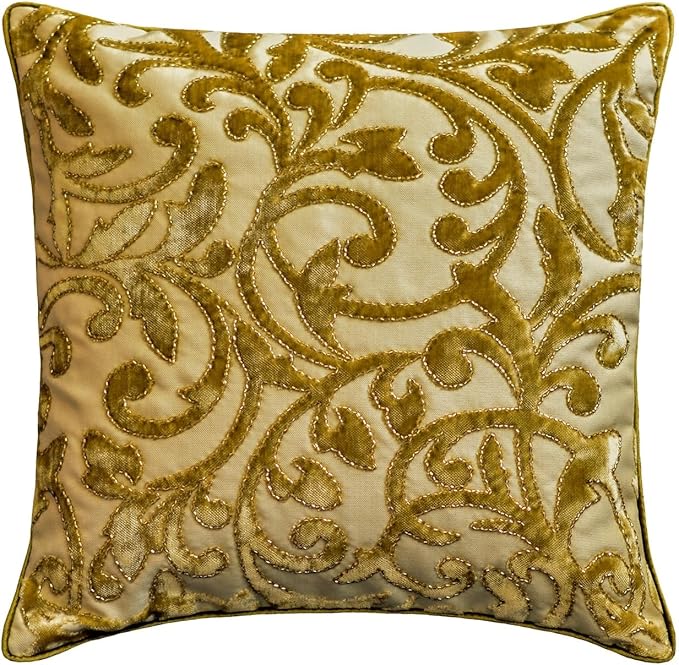 HomeCentric Beige Gold Decorative Bed Runner - Twin 53"x18" with Two Pillow Covers, Cut Velvet, Beaded Bed Scarf on Velvet Fabric - Serene Symphony
