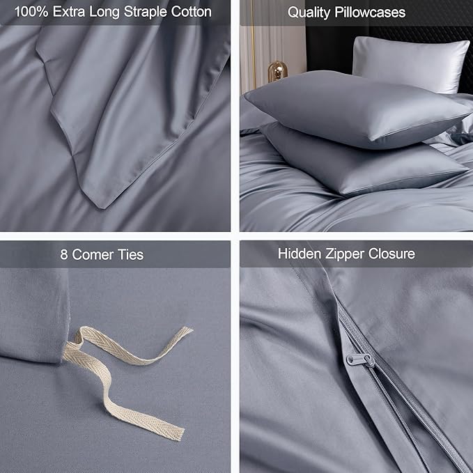 MooMee Duvet Cover Set 100% Extra Long Staple Cotton 600 Thread Count Silky Sateen Smooth Luxury Soft Breathable Durable Hotel Quality Bedding, 3 Pieces (Blueish Grey, King 104"x90")