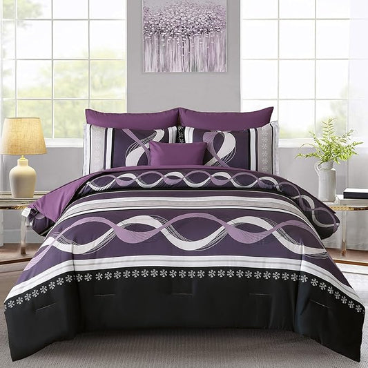 Anibedding Boho Comforter Set,8 Pieces Bed in a Bag Patchwork Striped Comforter Set,Purple Bed Set Queen Size,Soft Microfiber Boho Bedding Set for All Season(90"×90")