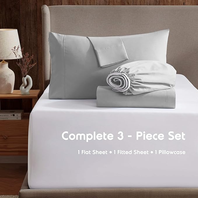 Nestl Twin Sheet Set - 1800 Ultra-Soft Microfiber Twin Bed Sheets - Double Brushed - Deep Pockets - Easy Fit - Extra Soft - 3 Piece Set - Bedding Sheets & Pillowcases (Twin, Light Grey)