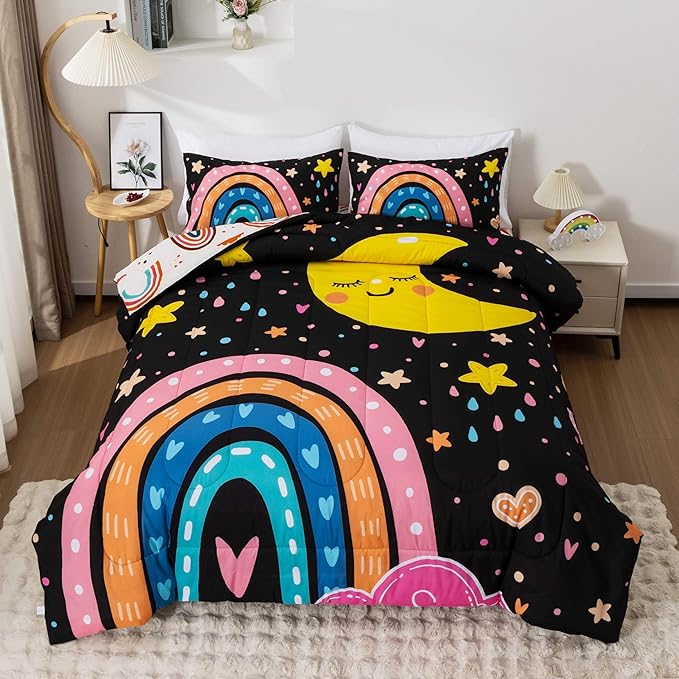 Btargot Lightweight Soft 3 Piece Rainbow Comforter Set with 2 Pillow Covers, Cartoon Love Hearts Flowers and Sun Moon Star Bedding Set for Girls Boys Kids, Queen Black