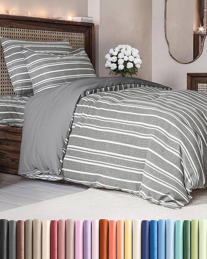 Duvet Cover Twin/Twin XL Size - Extra Soft Twin/Twin XL Size Duvet Cover - Lightweight, Breathable & Cozy w/ Zipper Closures and Ties - 68" x 90" Inches - (Grey Stripes 3) Comforter Not Included