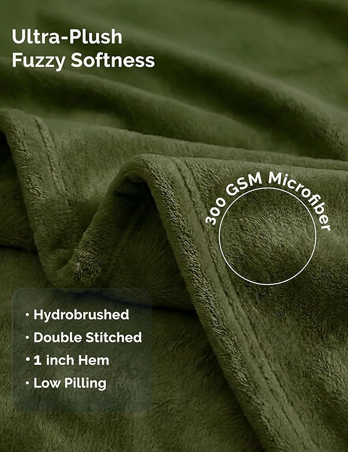 Casa Platino Fleece Blanket Queen Size – 300 GSM Olive Green Fleece Throw for Bed or Couch – Soft Cozy Warm Winter Blanket for Bed, Fuzzy Plush Elegant for Men & Women - 90x90 Inch
