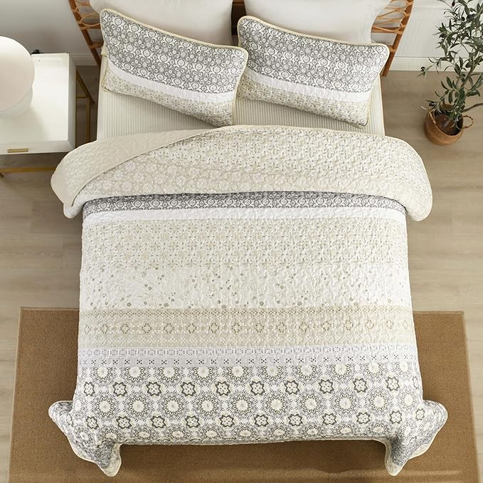 WONGS BEDDING Boho Quilt Set Full Size,Beige Bohemian Striped Patchwork Bedspread Set,3 Pieces Microfiber Bedding Set for All Seasons (78"×90")