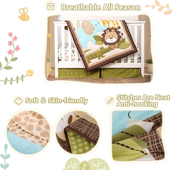 Wowelife Safari Crib Bedding Set, Mini Crib Bedding Set Boy 3-Piece Mini Crib Comforter Set, Nursery Bedding Sets for Boys Include Crib Comforter, Skirt and Sheet, Brown