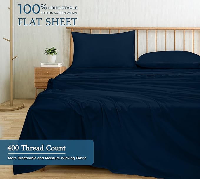 Royale Linen 400 Thread Count 100% American Grown Cotton Flat Sheet - Cooling Sheets - Full Sheets - Luxury Sateen Weave - Full Flat Sheet Sold Separately - Navy Flat Sheet Only (Full, Rivera Navy)