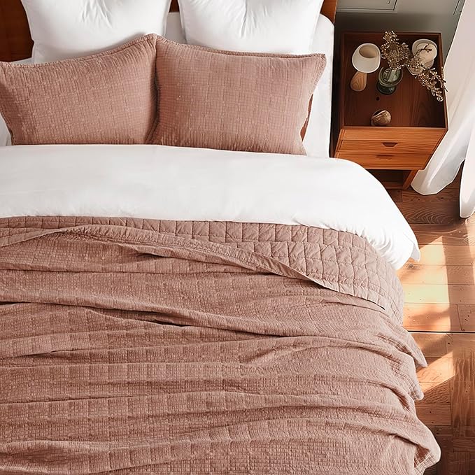 EVERGRACEHOME Stonewashed Cotton Quilt Set Full Queen Size, Ultra Soft Oversized Bedspread Coverlet Set, Lightweight Crinkle Box Stitch Bedding Sets for All Season, with 2 Shams, Terracotta Clay