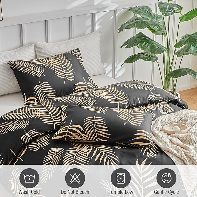 Lekesky King Duvet Cover Set, Black and Gold Tropical Palm Leaf Pattern Comforter Cover King Size, 3 Pieces Soft Microfiber Bedding Sets with Zipper & 2 Pillowcases, Comforter Not Included
