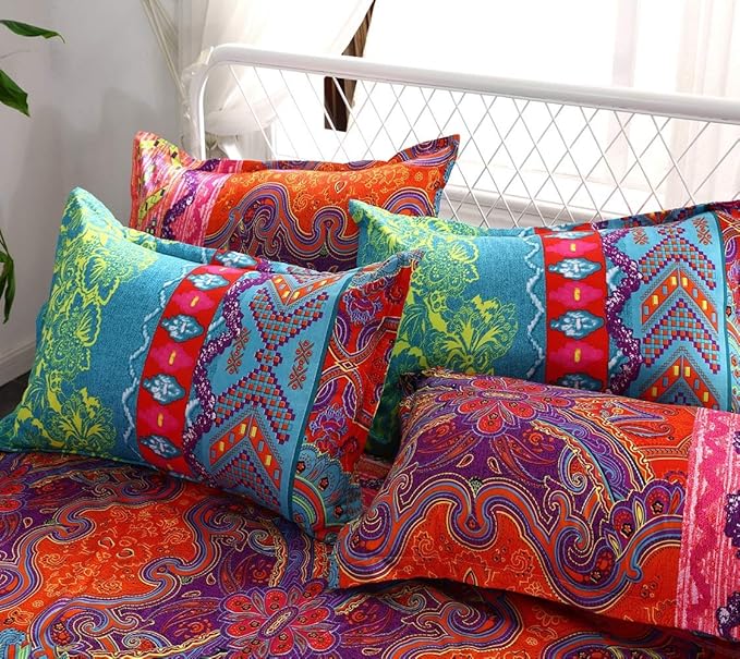 Boho Queen Duvet Cover, 100% Microfiber Ethnic Bohemian Colorful Bedding Set for Men Women, Yellow Orange Modern Geo Bohemian Print Duvet Cover, with Zipper Closure Luxury Soft Durable (Queen, 3pcs)