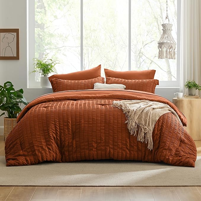 Love's cabin Seersucker Terracotta King Size Comforter Set, 7-Piece All Season Lightweight Bed in a Bag Bedding Set with Comforter, Flat Sheet, Fitted Sheet, Pillowcases and Shams | Soft, Breathable, Lightweight