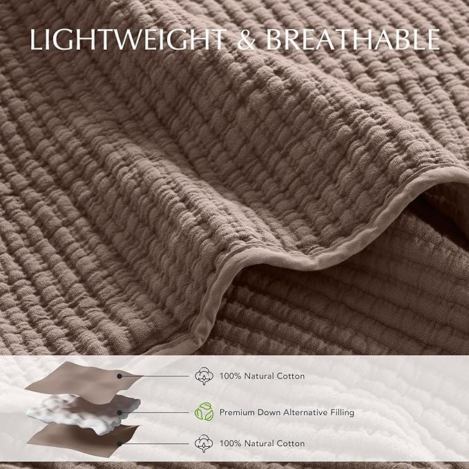 EVERGRACEHOME Cotton Coverlet Set Full Queen Size 3 Pieces, Lightweight Soft Ribbed Matelassé Bedspread Quilt Set, Cozy Oversized Quilted Bedding Set with 2 Pillow Shams for All Seasons, Mocha Brown