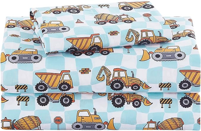 Kids Sheet Set Twin Size, Twin Sheet Set with Grid Excavator Pattern，Breathable Silky Soft Microfiber Kids Fitted Sheet