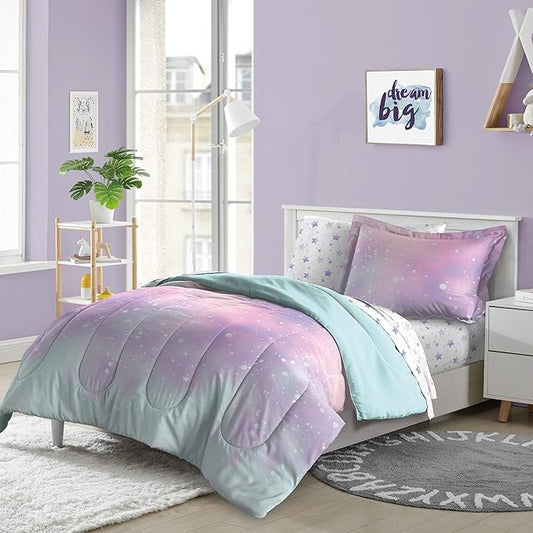 Dream Factory Kids 5-Piece Complete Bed Set Easy-Wash Super Soft Microfiber Comforter Bedding, Twin, Pink Twilight Galaxy Stars