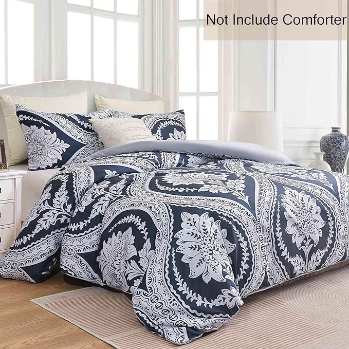 Nanko Boho Duvet Cover Set Queen Size, Navy Blue White Floral Damask Print Pattern, Soft Microfiber Reversible Comforter Bedding Cover Zip Ties - Vintage Bohemian Farmhouse for Women Men, 3 Pcs 90 x90