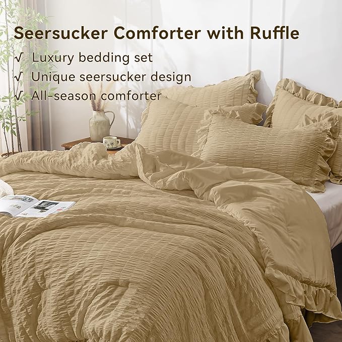 JOLLYVOGUE Full Size Comforter, 3 Pieces Light Coffee Seersucker Lightweight Full Size Bedding, All Season Fluffy Microfiber Bedding Comforter Set with 1 Ruffle Comforter and 2 Ruffle Pillowshams