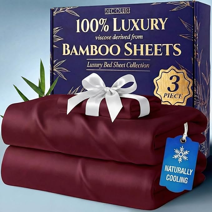 DECOLURE 100% Viscose Derived from Bamboo Sheets Twin Size - Luxury 3 Pc Naturally Cooling Sheets, Ultra Soft Bed Set - Deep 17" Pockets, Durable Double Stitching, Oeko Tex Standard (Burgundy)
