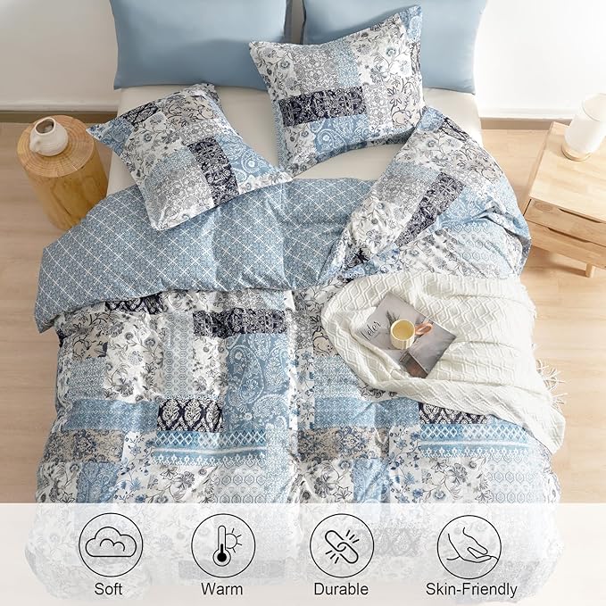 PHF Ultra Soft Floral Duvet Cover Queen Size, Printed boho Bedding Set 3 Pieces, Comfy Farmhouse Reversible Paisley Pattern Duvet Cover Set with 2 Pillow Shams, Zipper Closure and 8 Ties, 90"x90",Blue