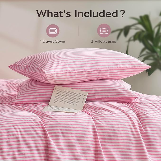 JELLYMONI Queen Duvet Cover Set, Cotton Duvet Cover 2 Pieces with Zipper Closure, 1 Duvet Cover and 2 Pillowcases(Pink with White Striped)