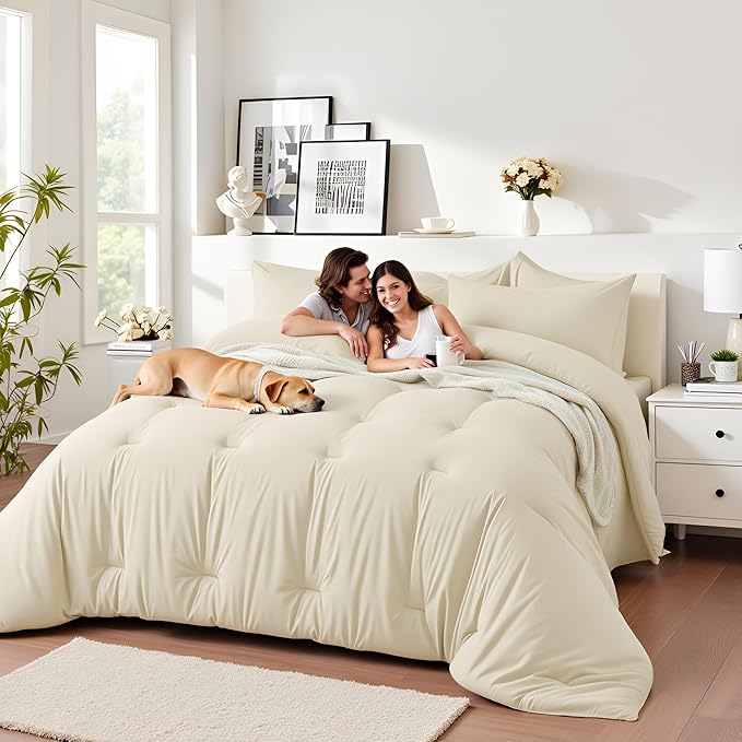 Full Comforter Set 7 Piece - Soft Bed in a Bag Queen Size Comforter Sets, Cozy Luxury Bedding Sets with All Season Comforter, Flat Sheet, Fitted Sheet,2 Pillowcases & 2 Shams, Beige