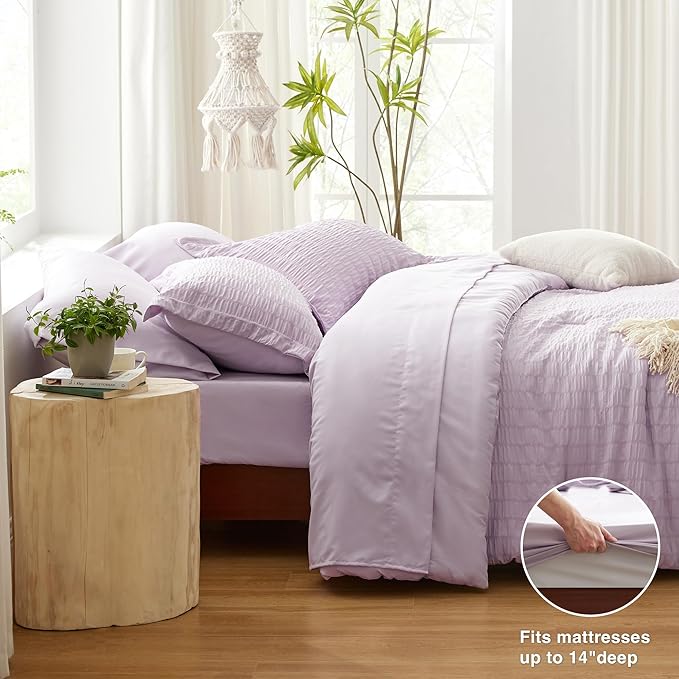 Love's cabin Seersucker Lavender Full Comforter Set, 7-Piece All Season Lightweight Bed in a Bag Bedding Set with Comforter, Flat Sheet, Fitted Sheet, Pillowcases and Shams | Soft, Breathable, Lightweight