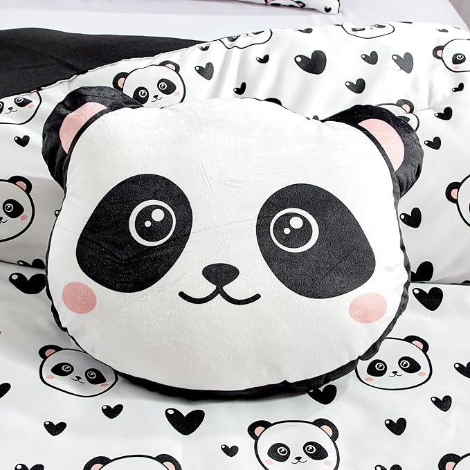 Chezmoi Collection 4-Piece Black White Girls Bedding Set Love Panda Hearts Microfiber Comforter Set w/Panda Throw Pillow for Kids Teens Full/Queen (Oversized Twin)