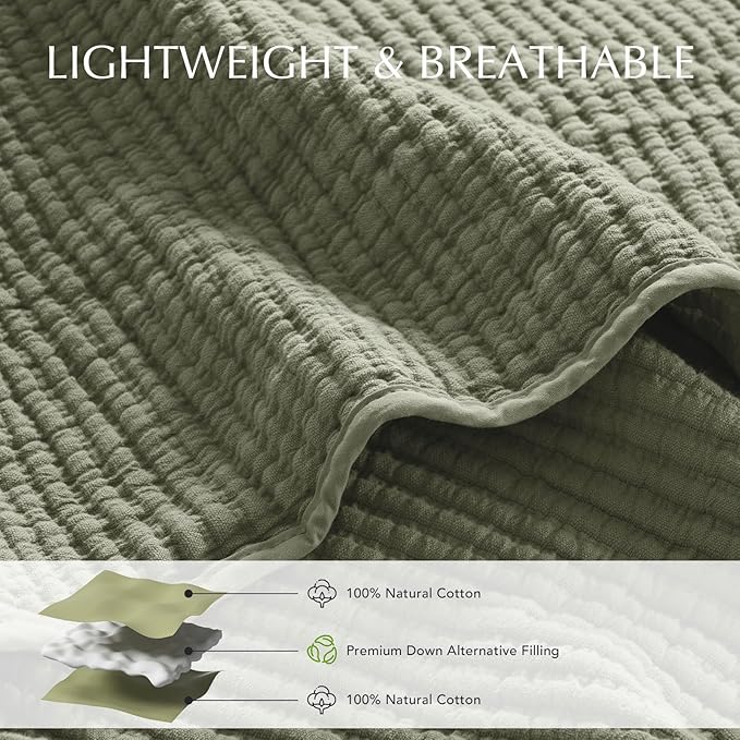 EVERGRACEHOME Cotton Coverlet Set Full Queen Size 3 Pieces, Lightweight Soft Ribbed Matelassé Bedspread Quilt Set, Oversized Quilted Bedding Set with 2 Pillow Shams for All Seasons, Light Sage Green