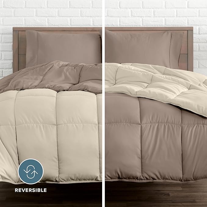 Bare Home Reversible Bed-in-A-Bag Comforter & Sheet Set - Twin Extra Long - Down Alternative - Soft - Bedding Set (Twin XL, Taupe/Sand, Taupe)