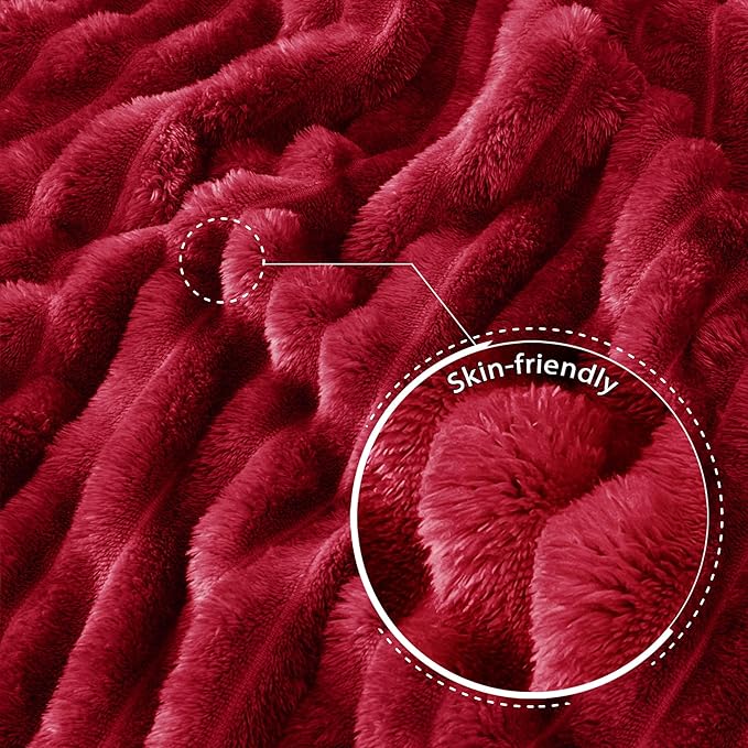 Exclusivo Mezcla King Size Flannel Fleece Blanket, Super Soft Striped Jacquard Bed Blanket, Lightweight Fuzzy Cozy for All Seasons, 90x104 Inches, Deep Red
