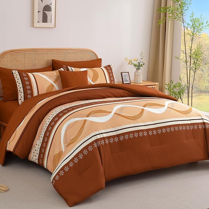 Anibedding Comforter Set King Size,8 Pieces Orange Boho Bed in a Bag Patchwork Striped Comforter Set, Soft Microfiber Bedding Set for All Season(104"×90")