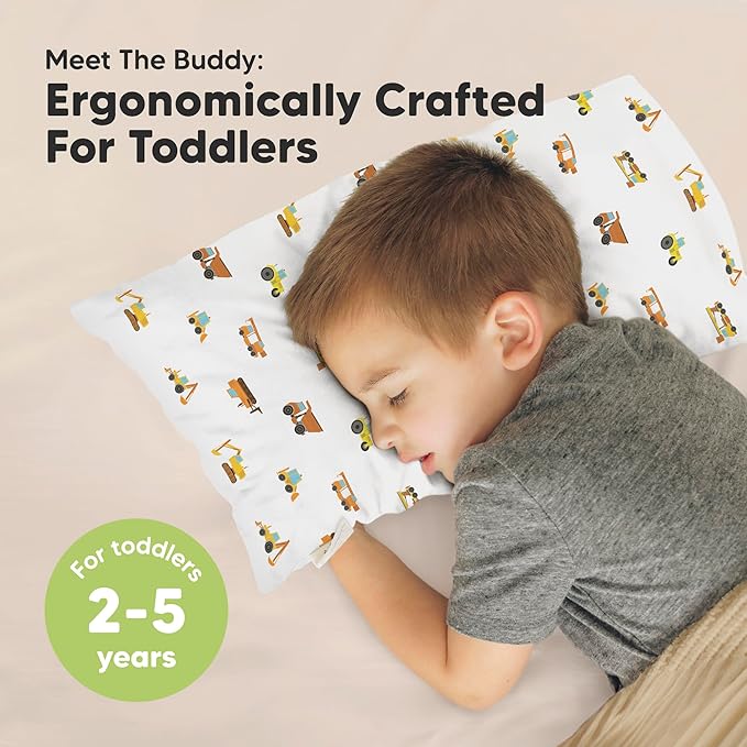 Toddler Pillow with Pillowcase - 10x18 My Little Dreamy Kids Travel Bed Pillows for Sleeping, Organic Cotton Small Pillowcase, Soft & Breathable, Machine Washable, Toddlers 2-5 years old(Construction)
