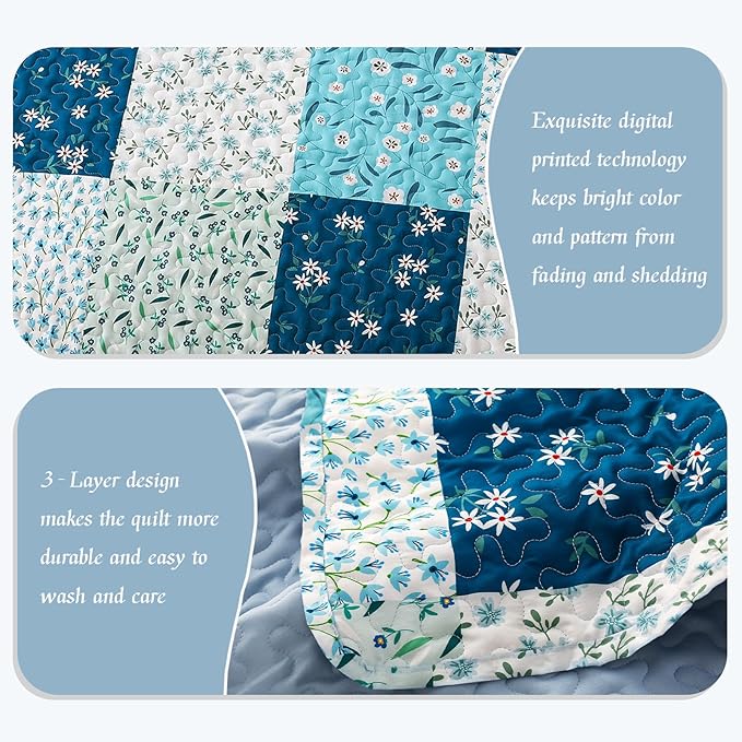 Whale Flotilla Patchwork Quilts Queen Size, Extra Soft Boho Floral Bedspreads for Bed Reversible Lightweight Full Queen Quilt Bedding Set Printed Coverlets with 2 Pillow Shams for All Seasons, Blue