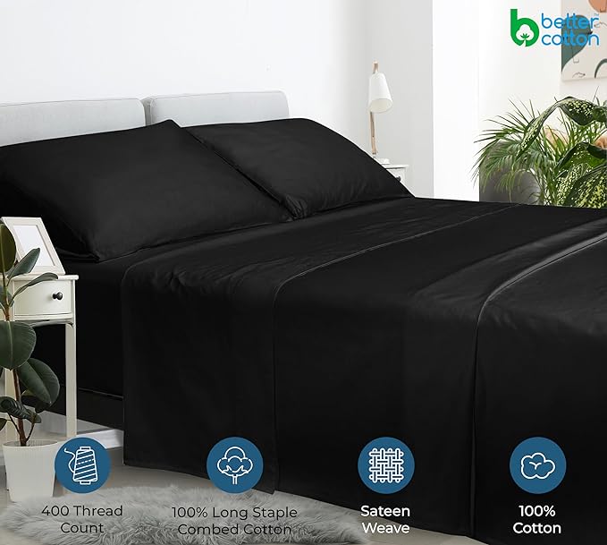 Royale Linens 400 Thread Count 100% American Grown Cotton Flat Sheet - Cooling Sheets - Twin Sheets - Luxury Sateen Weave - Twin Flat Sheet Sold Separately - Black Flat Sheet Only (Twin, Night Black)