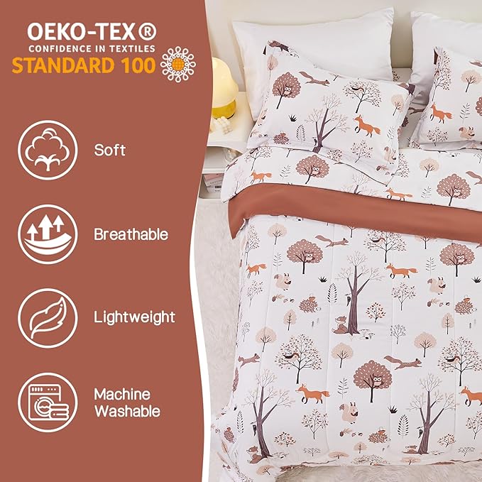 Yibeizi Kids Comforter Set for Boys Girls Full Size, Cute Quilted Woodland Forest Animal Print Fall Bedding with Pillow Sham, Lightweight Soft Breathable Machine Camping Themed Bed Set 3 Piece