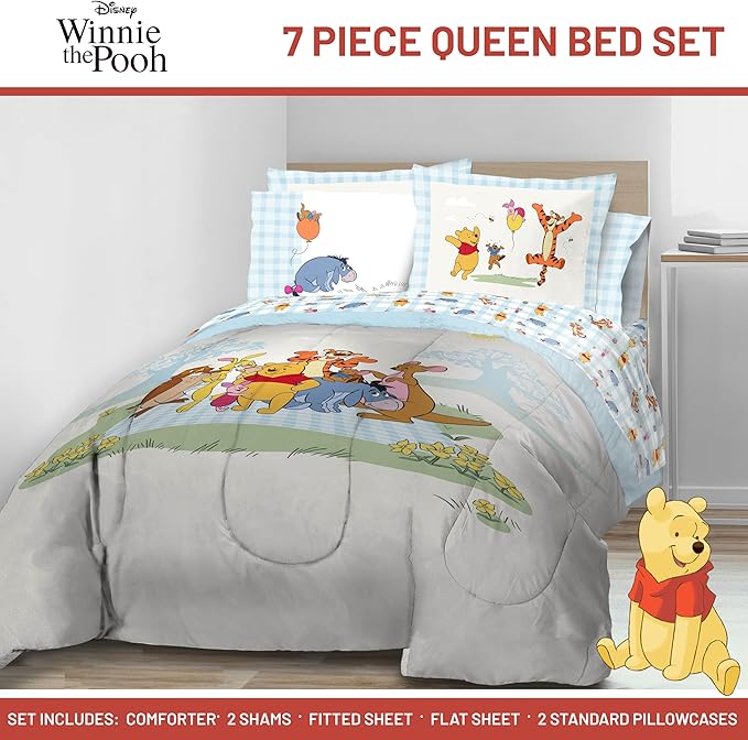 Jay Franco Kids Comforter Set Includes Sheets and Pillow Covers - Soft and Cozy Bed Set for Stylish Room Decor, Official Licensed Bedding, White - Winnie The Pooh, 7 Piece Queen