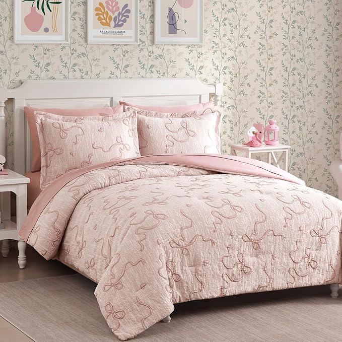 Geniospin Pink Twin Comforter Set for Girls- 5 Pieces Bowknot Jacquard Bed in A Bag Twin Bedding Sets with Sheets, Pillowcases & Shams, All Season Kids Comforter Set