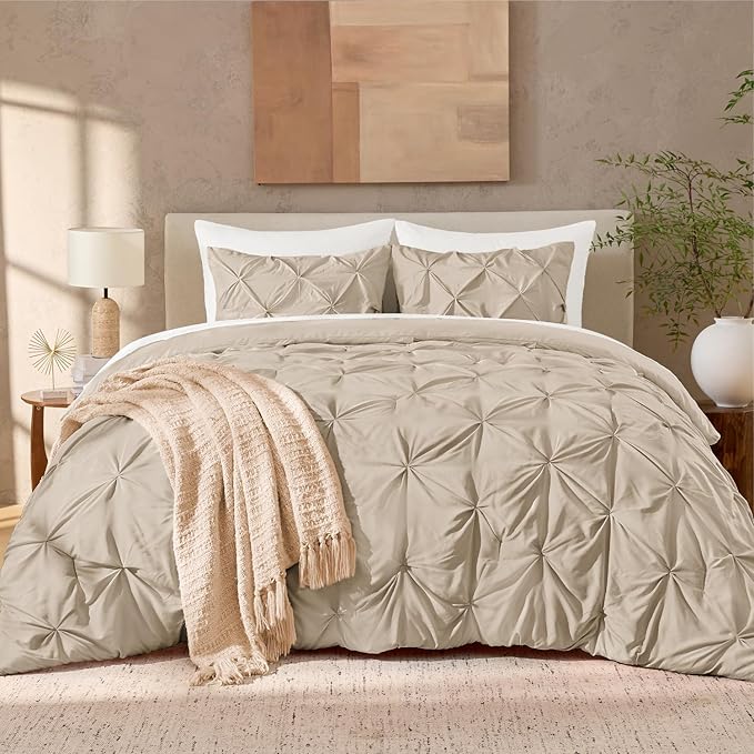 Andency Khaki Pinch Pleat Comforter Queen(90x90Inch), 3 Pieces(1 Pintuck Comforter and 2 Pillowcases) Pintuck Comforter Set, Microfiber All Season Down Alternative Bedding Set