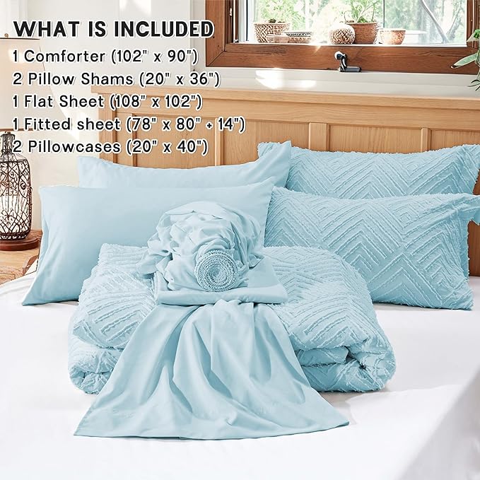 Zzlpp King Comforter Set 7 Pieces, Light Blue Tufted Bed in a Bag with Comforter and Sheets, All Season Boho Bedding Sets with Comforter, 2 Pillow Shams, 2 Pillowcases, 1 Flat Sheet, 1 Fitted Sheet