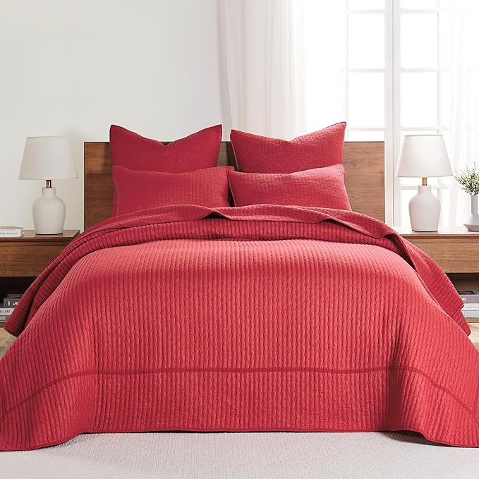 Levtex Home Cross Stitch Bedspread Set - King Bedspread, 2 Shams - Red - Cotton