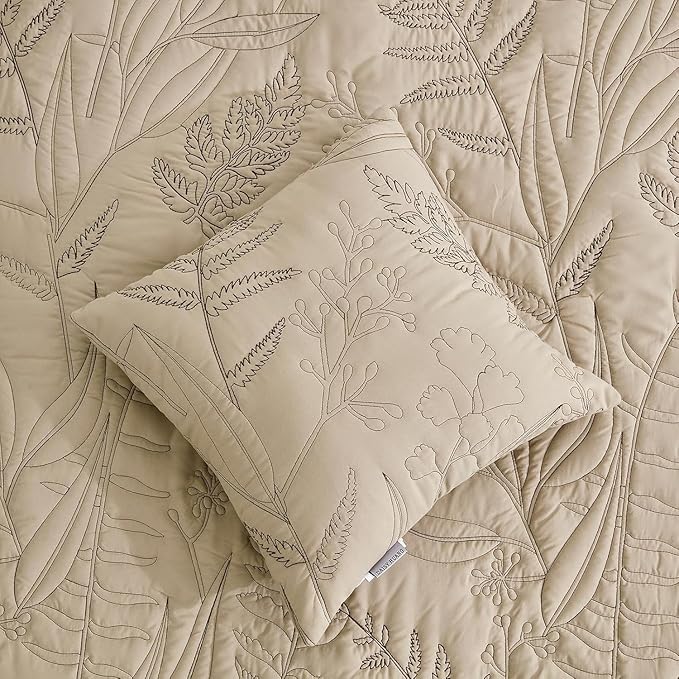 Botanical Oversized Bedspread King Size - Leaves Pattern Stitching Quilt Set - Elegant & Fresh Style Bedding Coverlets, Reversible, Lightweight, 5 Piece, Taupe