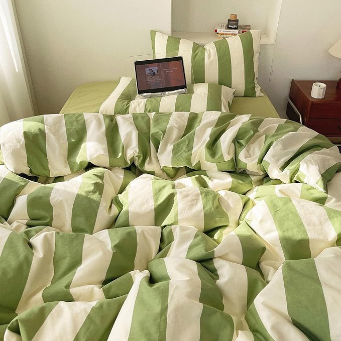 LifeTB Sage Green and White Striped Duvet Cover Set Twin, 100% Washed Microfiber Soft Breathable Striped Bedding Set, 3 Pieces Retro Stripes Pattern Printed Comforter Cover with 2 Pillowcases