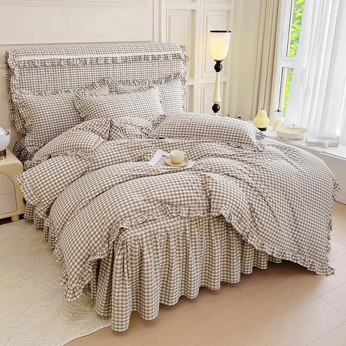 LifeTB Tan Gingham Comforter Set Twin XL Vintage Ruffle Taupe Plaid Checkered Comforter Set 3 Pieces Soft Fluffy Beige Grid Bed Comforter with 2 Pillowcases Farmhouse Gingham Bedding Set