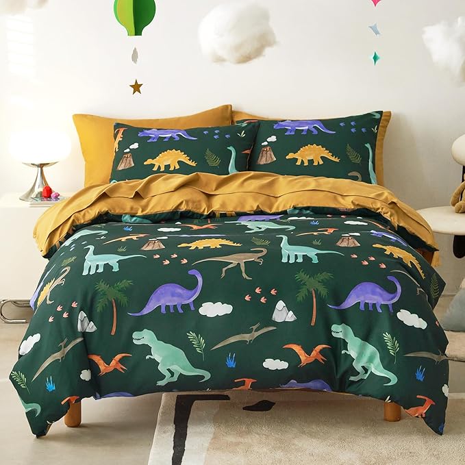 Wake In Cloud - Dinosaur Bedding Set for Boys, Cute Colorful Dinosaur Soft Lightweight Comforter Set with Sheets, 7 Pieces Kids Bed in a Bag, Dark Green, Full Size